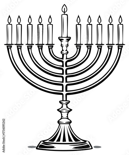 Menorah with Nine Candles Lit Symbolizing Hanukkah Celebration