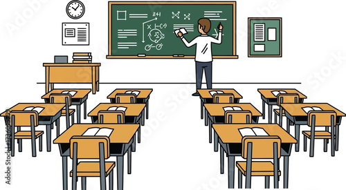 Teacher explains math problems on chalkboard in classroom