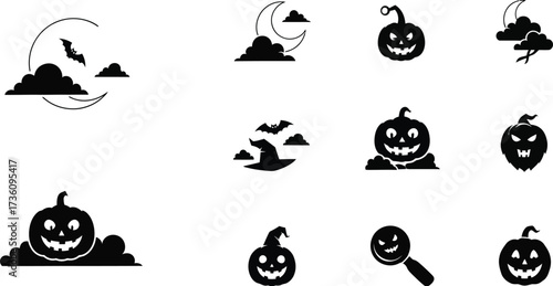 Spooky halloween vector icons featuring pumpkins and bats