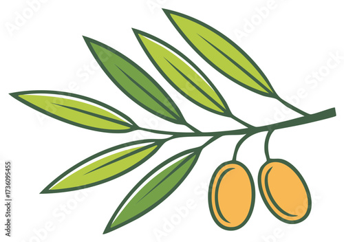 Simple olive branch illustration with green leaves and two ripe yellow olives a natural ingredient