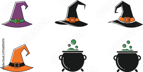 Colorful witch hats and cauldrons for halloween decorations