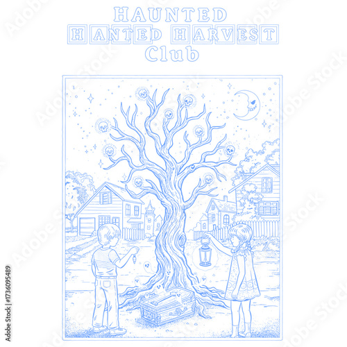 Haunted Harvest Club Retro Horror Poster. Vintage Spooky Kids with Skull Tree and Ghosts Illustration.