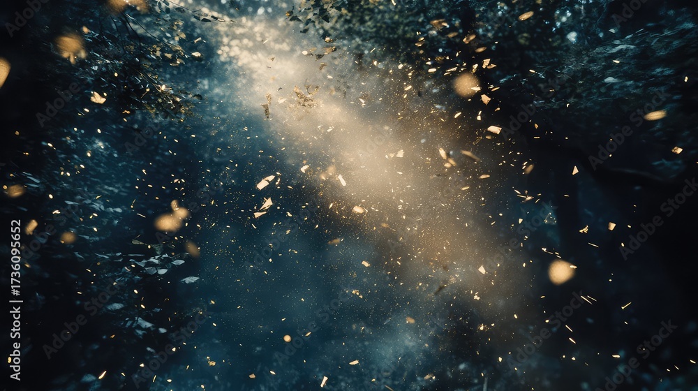 Obraz premium Glittering magic particles exploding in mysterious dark light