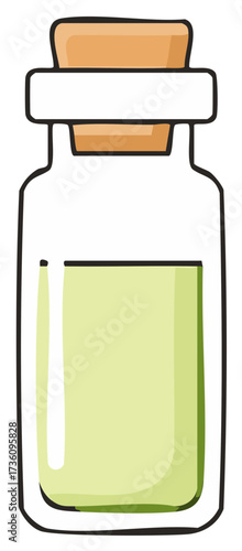 Cartoon glass bottle with cork stopper containing light green liquid and a blank label