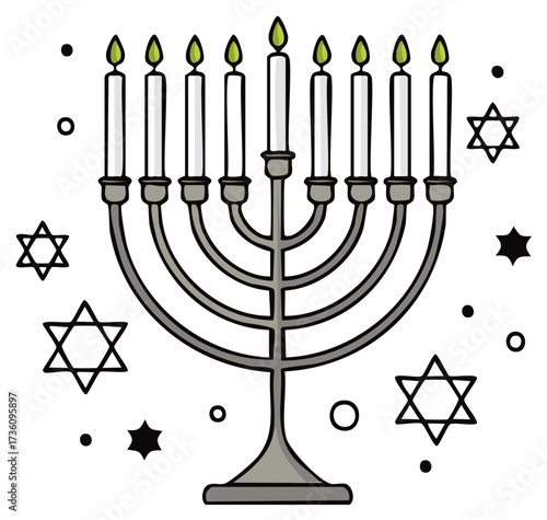Illustrated Hanukkah Menorah with Candles and Stars of David
