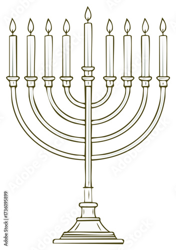 Illustration of a Menorah, Jewish Candlestick, with Lit Candles