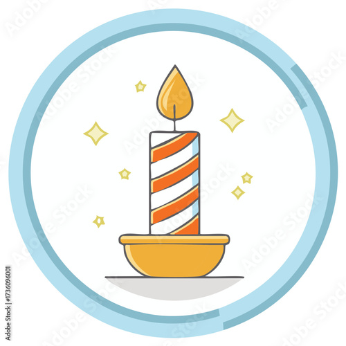 Festive striped candle with burning flame icon in blue circle surrounded by star decoration vector illustration