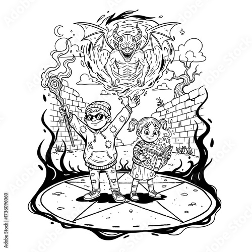 Funny Dark Rituals Coloring Page. Cartoon Kids Summoning a Demon for Lollipops Line Art Illustration.