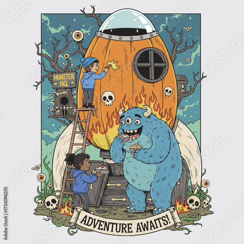 Monster HQ Adventure Awaits Illustration. Cute Kids and Friendly Monster at a Rocket Treehouse.