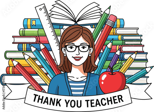 Cartoon teacher surrounded by books and school supplies art