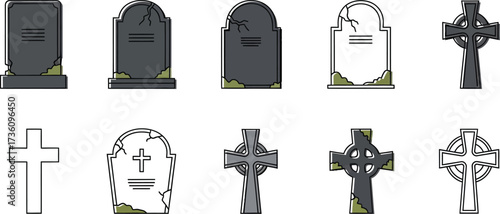 Collection of cartoon gravestones and crosses on white background