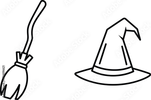 Simple line art of a witch's hat and broom for halloween