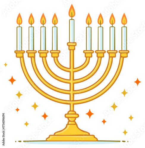 Golden Menorah with Seven Lit Candles and Sparkling Lights Festive Religious Symbol
