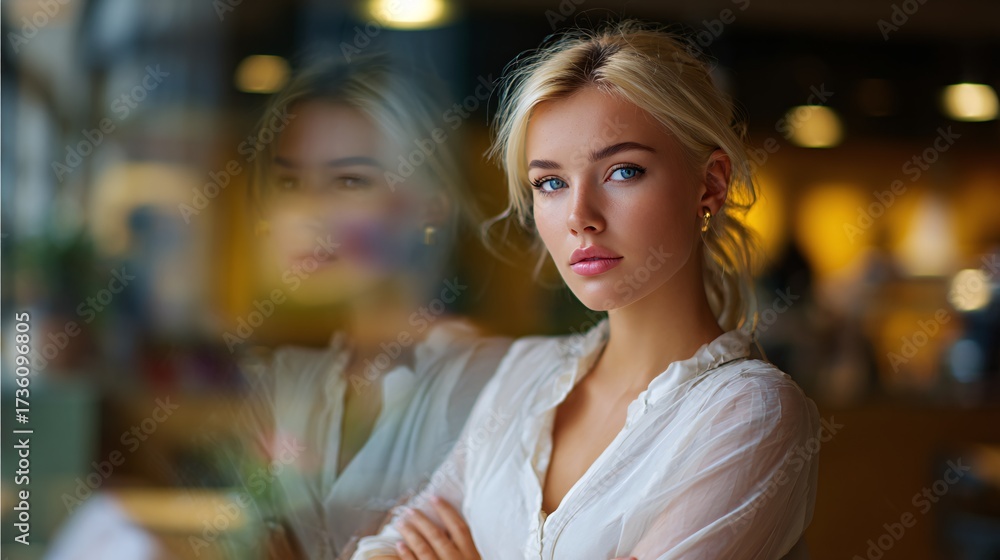 Fototapeta premium Elegant Woman Gazes Through Glass Reflection in Cozy Ambient Setting