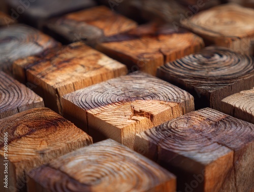 Close-Up View of Natural Wooden Blocks Showing Texture and Grain Patterns in Rich Color Tones
