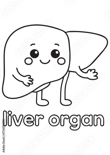 coloring book liver organ walking happily, anatomy cartoon for kids