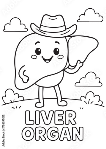 coloring book liver organ with cowboy hat in field, cute anatomy cartoon for kids
