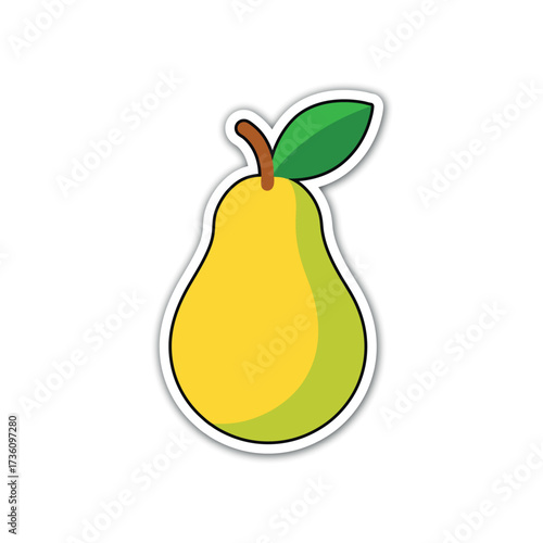 Bright yellow pear fruit with green leaf and brown stem simple cartoon design
