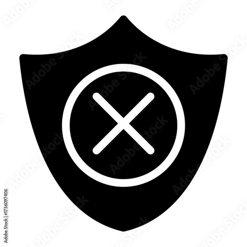 Glyph Style shield with cross, representing lack of protection, insecurity, or no guarantee.