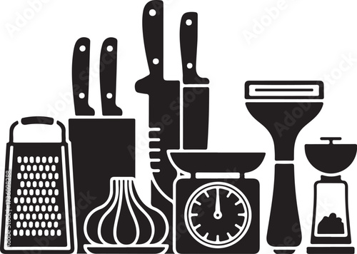 Collection of Kitchen Utensils and Gadgets in Black Silhouette on White Background cooking preparation