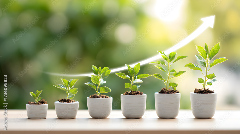 Obraz premium Growing plants in white pots demonstrating stages of development with natural green background