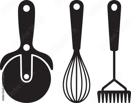 Pizza Cutter Whisk and Masher Kitchen Tools in Black Silhouette on White Background utensils gadgets