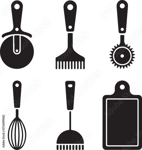 Various Kitchen Utensils and Cutting Board in Black Silhouette on White Background gadgets cooking