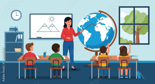 Teacher explains geography to students using globe in classroom