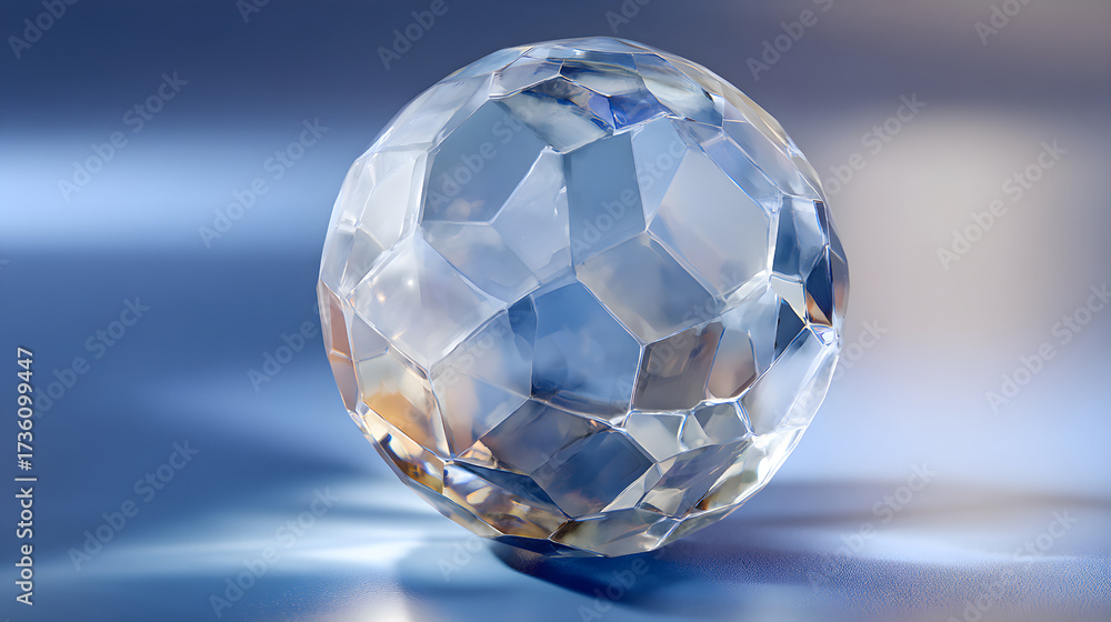 Naklejka premium Crystal sphere with geometric facets reflecting light on a smooth surface creating a serene ambiance