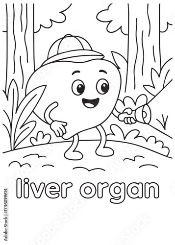 coloring book liver organ walk in forest, anatomy cartoon for kids