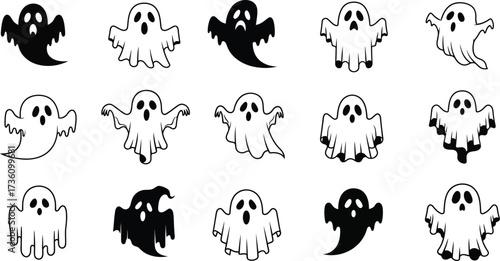 Spooky ghosts in black and white for halloween designs