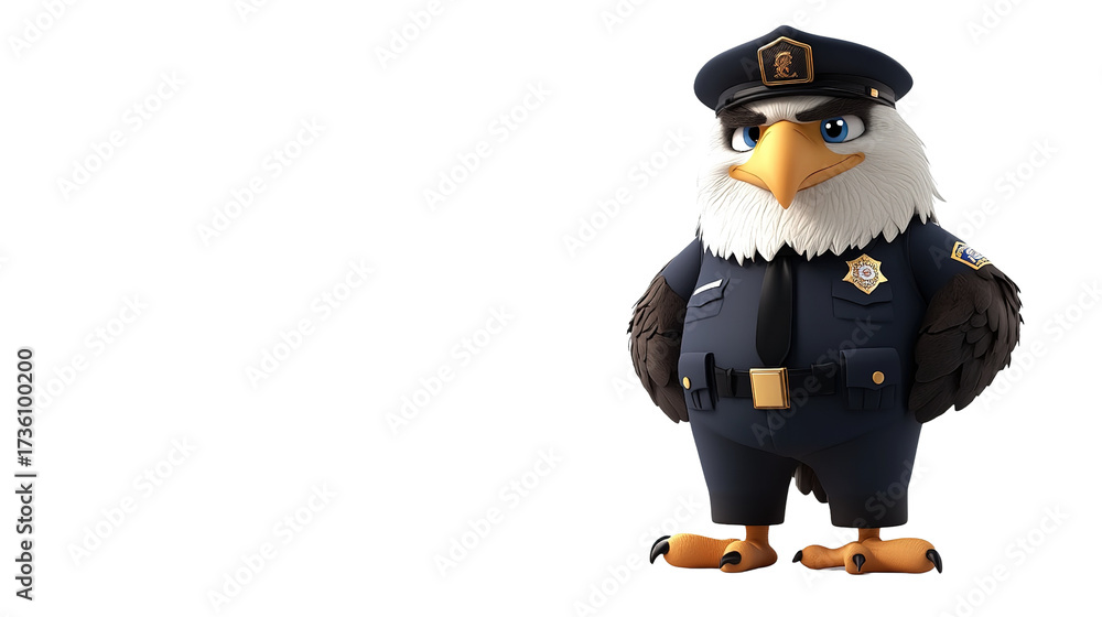 Obraz premium Eagle Officer: An animated eagle proudly dons a police uniform, embodying the spirit of law enforcement.
