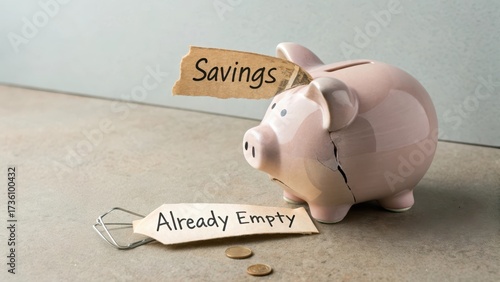 A cracked piggy bank with savings tag representing empty funds