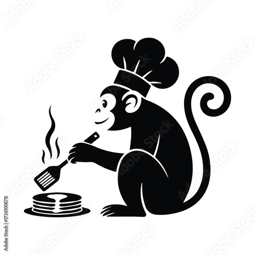 Chef monkey character cooking pancakes with spatula and steam illustration silhouette
