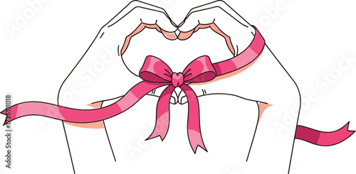Hands forming heart shape with pink ribbon and bow design