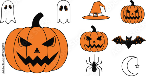 Halloween themed vector art featuring pumpkins and ghosts