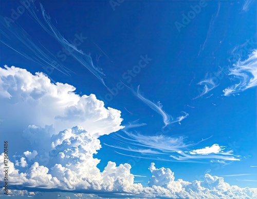 Fluffy White Clouds Against a Vibrant Blue Sky Creating Dreamy Skyscape with Sunlight