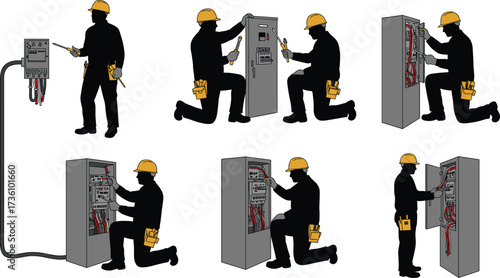 Electrician working illustration, electrical panel repair, technician maintenance vector, safety engineer artwork, wiring inspection design, industrial worker graphic, energy system repair drawing