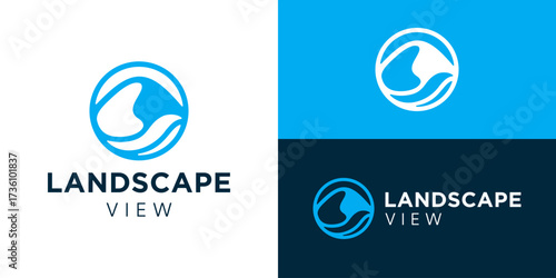 Creative simple landscape logo template. Mountain peaks hills logo design vector illustration.