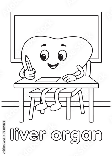 coloring book liver organ studying at desk in classroom, anatomy cartoon for kids