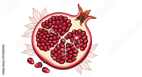A vibrant illustration of a ripe pomegranate cut in half revealing its juicy red arils and scattered seeds surrounded by delicate leaves.