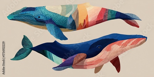Colorful Artistic Illustration of Two Whales in a Creative Abstract Style