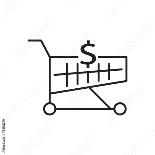 Line icon of a shopping cart with a dollar sign, symbolizing online sales. Ideal for illustrating retail transactions, consumer spending, e-commerce revenue, and market shopping in websites and apps.