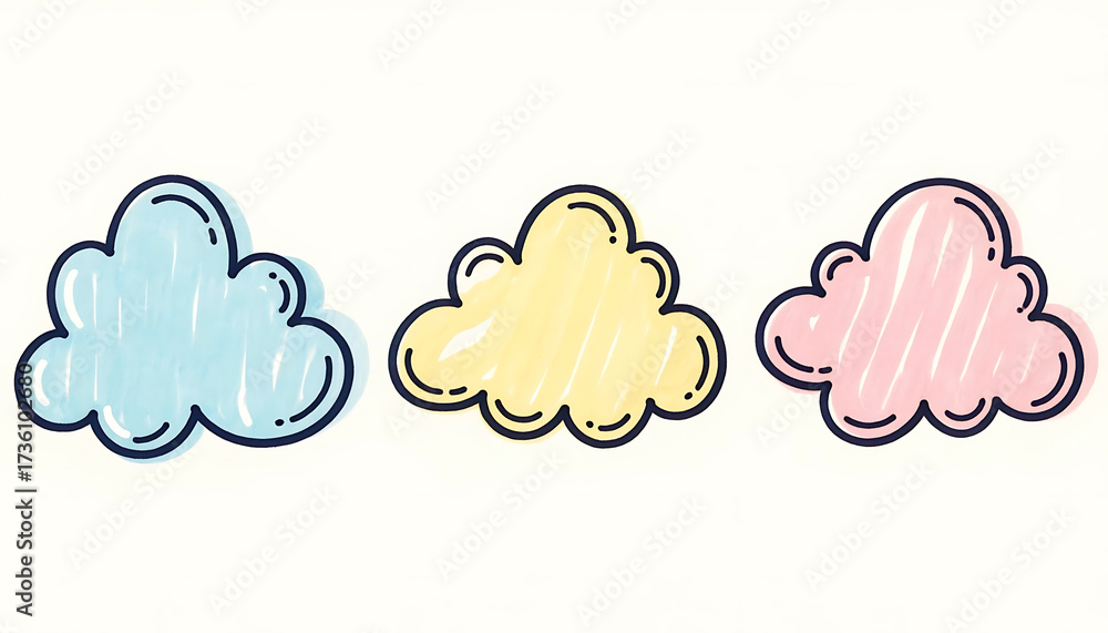 Obraz premium Set of three colorful hand-drawn cartoon clouds in blue, yellow, and pink, illustrated with marker pens on a plain light background.