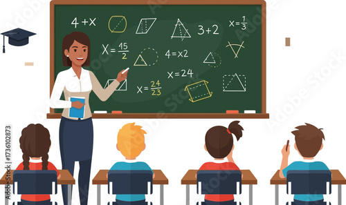 Teacher explains math to students at the blackboard class
