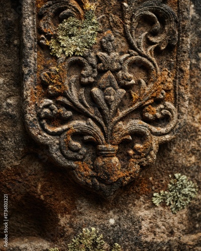 Intricate Stone Carving Featuring Floral Motifs and Natural Texture on Weathered Surface