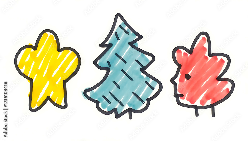 Obraz premium Collection of colorful marker pen doodles featuring a Christmas tree, star, and abstract shapes, perfect for playful holiday design elements.