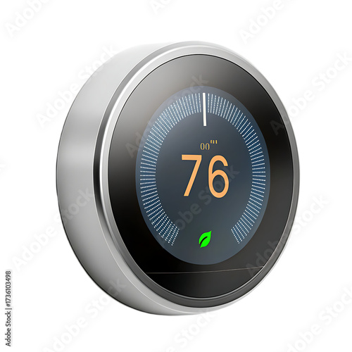 Close up of a smart thermostat displaying seventy six degrees with a green leaf icon below it