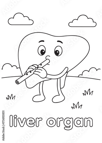 coloring book liver organ playing flute in field, anatomy cartoon for kids