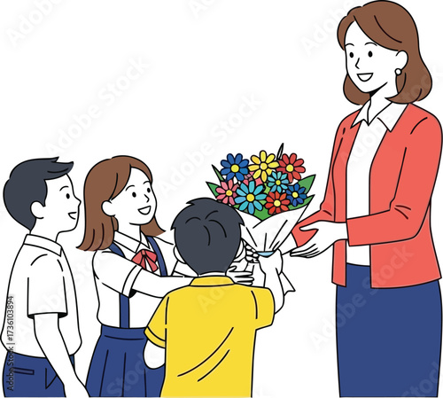 Students give teacher flowers as a thank you gift present